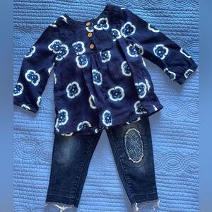 Osh Kosh Girls Blue Jeans and Cotton-lined Long Sleeve Top Outfit Sz 18mo. EUC